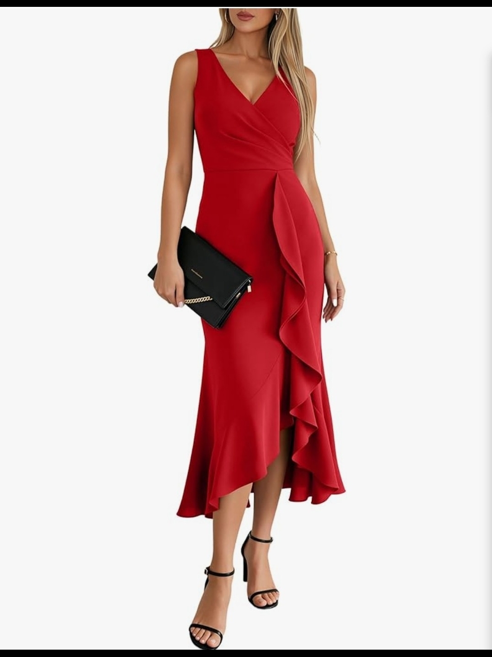 Elegant Red Ruffle V-Neck Dress